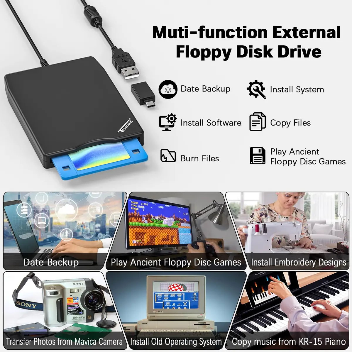 Tendak 3.5 inch USB Floppy Disk Drive Reader | Reads 1.44MB Discs - view 5