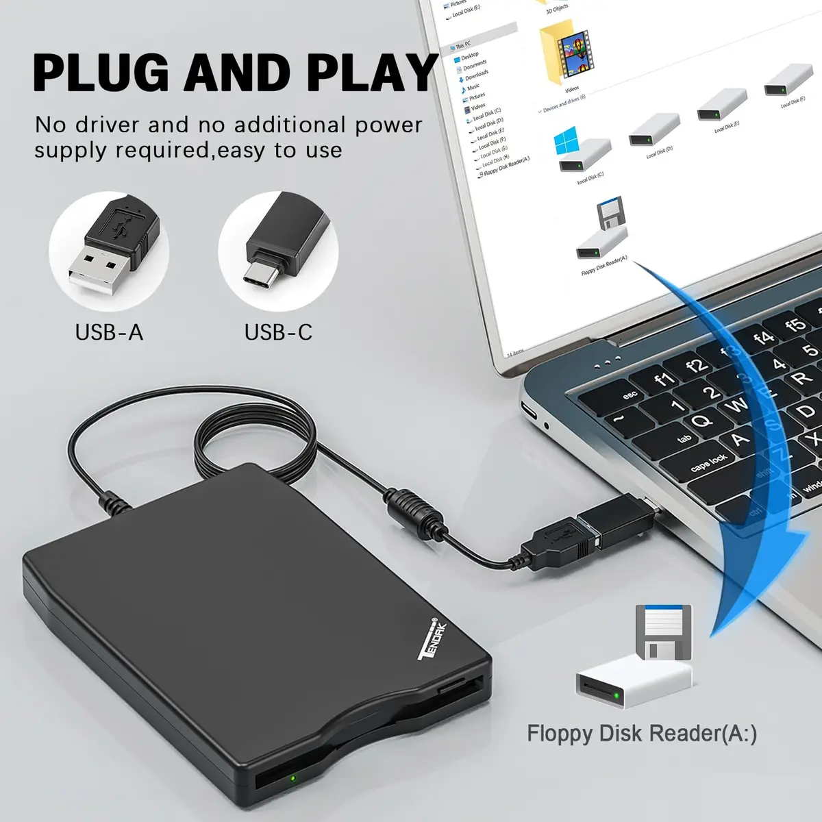 Tendak 3.5 inch USB Floppy Disk Drive Reader | Reads 1.44MB Discs - view 2