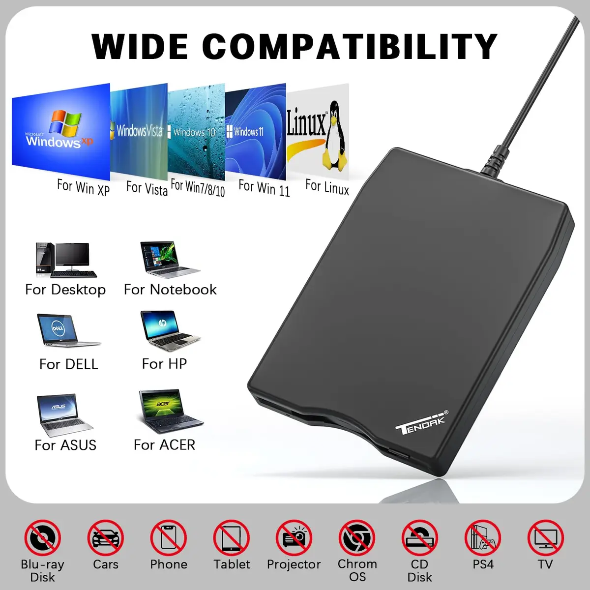 Tendak 3.5 inch USB Floppy Disk Drive Reader | Reads 1.44MB Discs - view 3