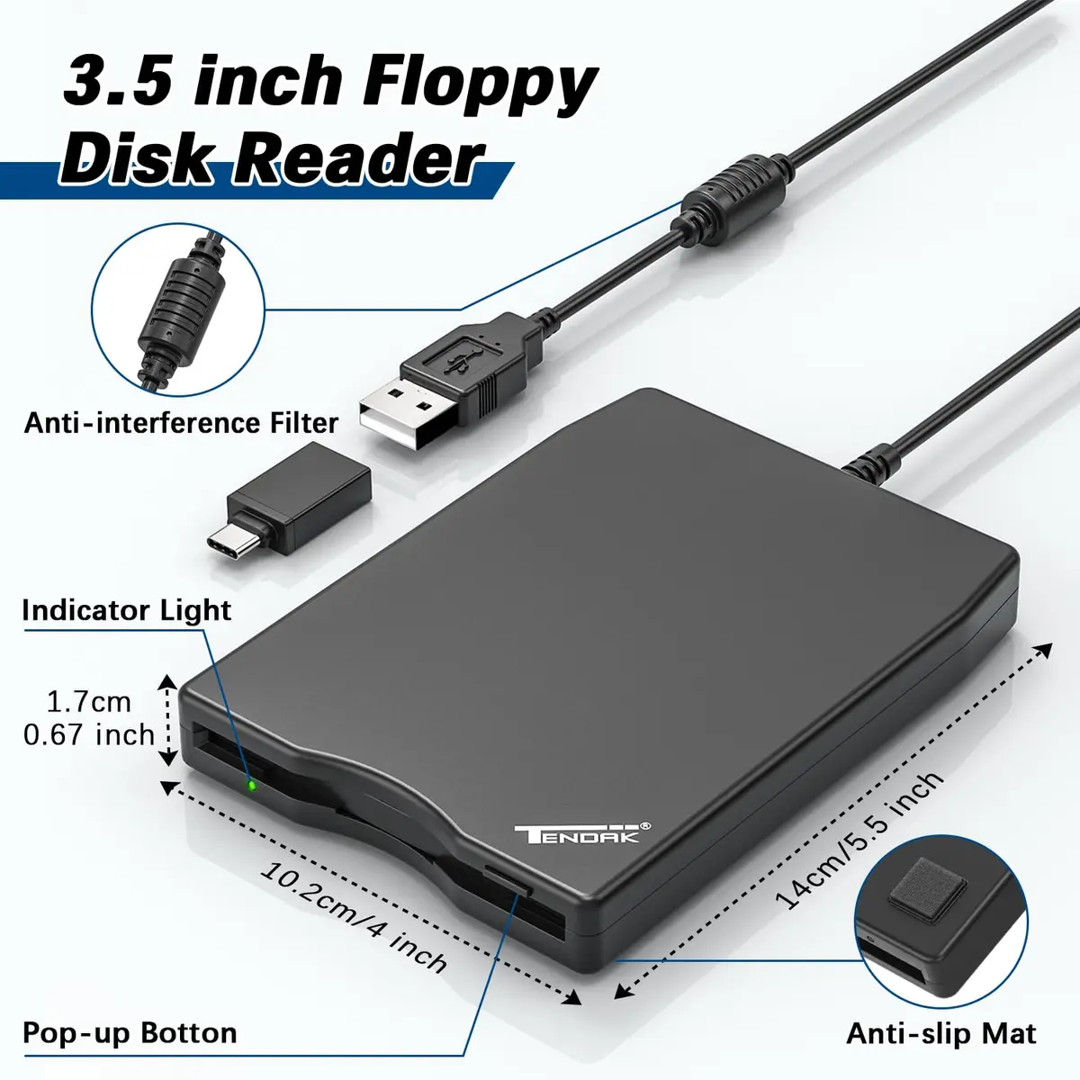 Tendak 3.5 inch USB Floppy Disk Drive Reader | Reads 1.44MB Discs - view 4