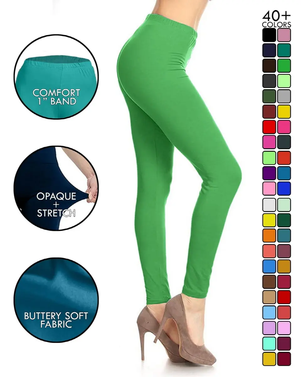 Leggings Depot Womens 1" Waistband High Waisted Solid Leggings Pants (Full Length, Kelly Green, One Size) | Soft, Stretchy, Comfortable Fit - view 3