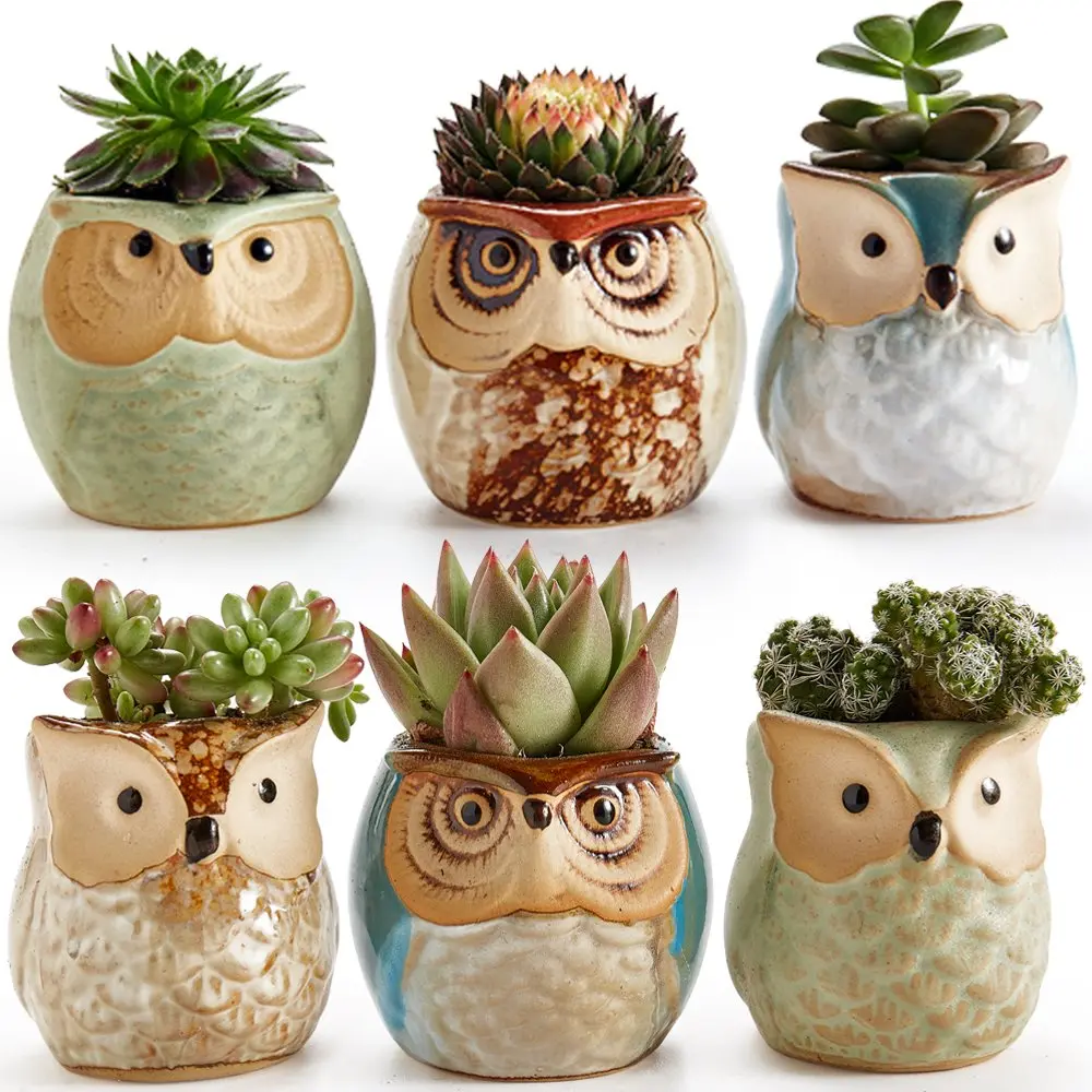 SUN-E SE Owl Pot Ceramic Flowing Glaze Base Serial Set Succulent Plant Pot 6pcs 2.5 Inch | Modern Garden Decor - main product image