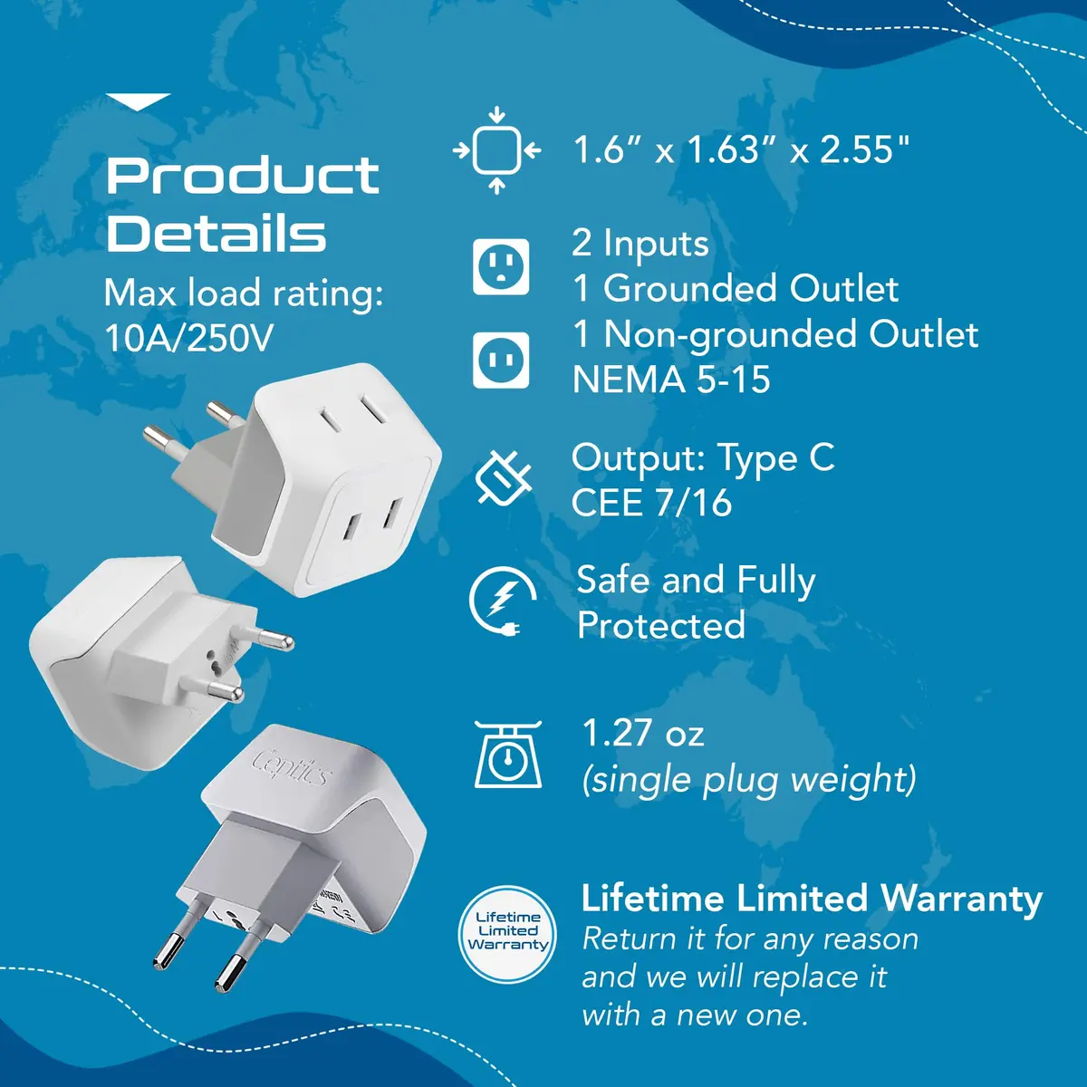 Ceptics European Travel Plug Adapter - Type C, Dual Input, Compact (3 Pack) | Compatible in most European countries - view 4