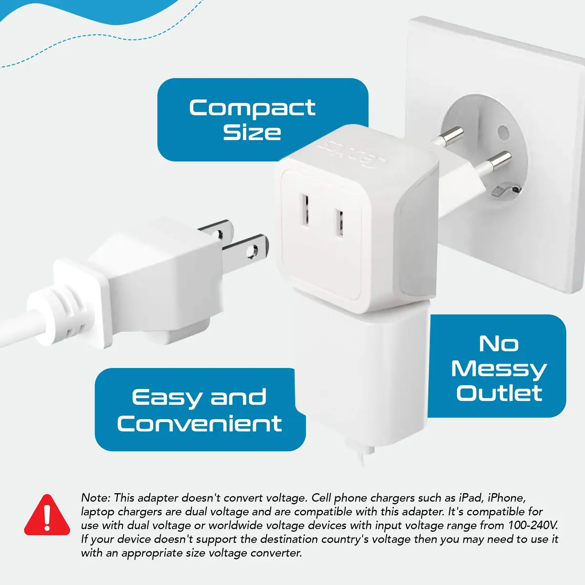 Ceptics European Travel Plug Adapter - Type C, Dual Input, Compact (3 Pack) | Compatible in most European countries - view 3