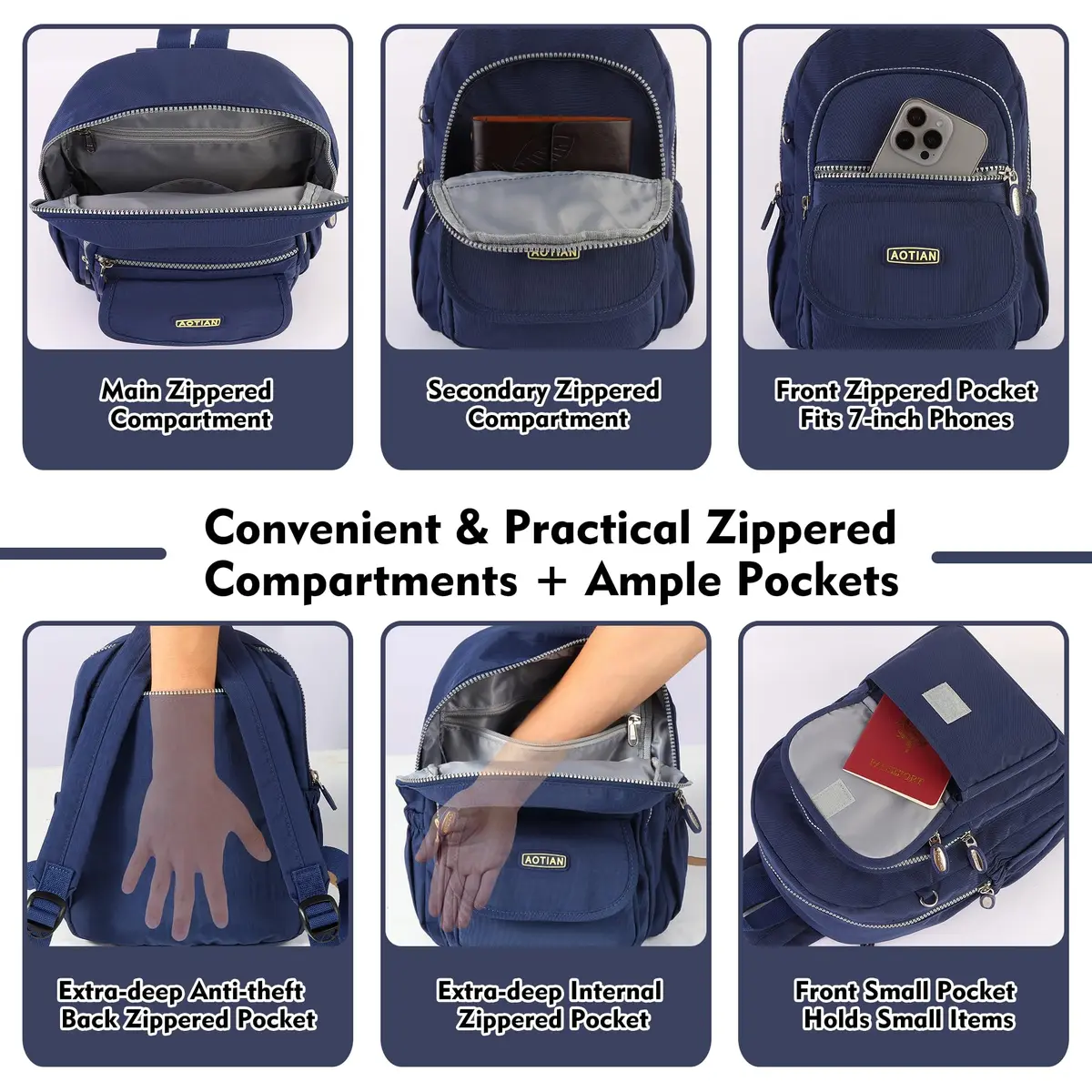 AOTIAN Mini Backpack for Women, Lightweight Nylon Small Daypack | Compact & Durable - view 4