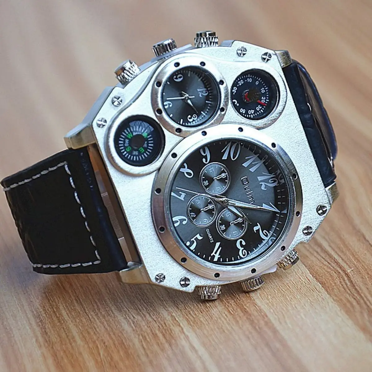 Avaner Men's Oversized Big Face Steampunk Retro Leather Wrist Watch | Dual Time Zone Analog Quartz - view 4
