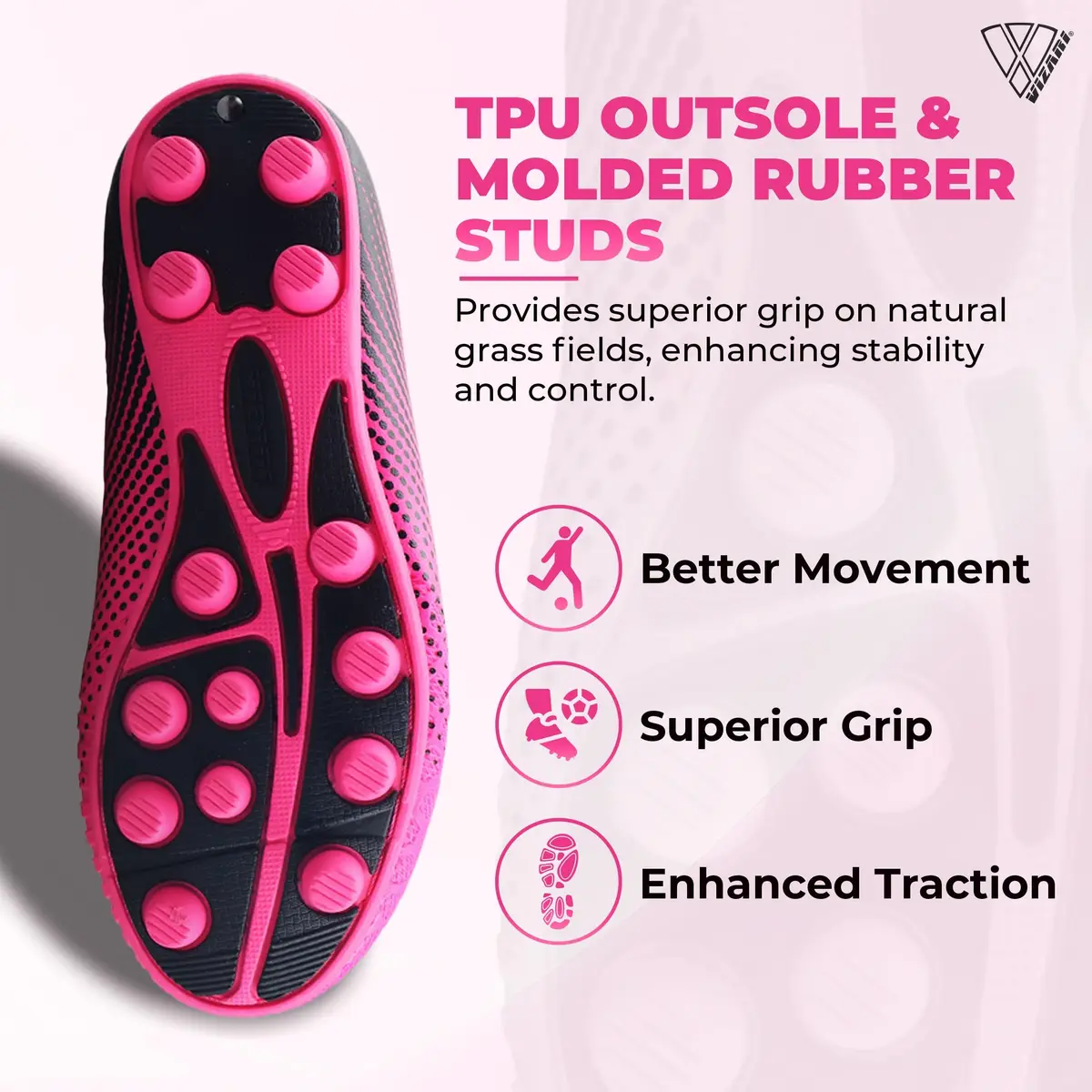 Vizari Stealth Boys Girls Soccer Cleats | Youth Firm Ground Athletic Shoes Pink/Black - view 5