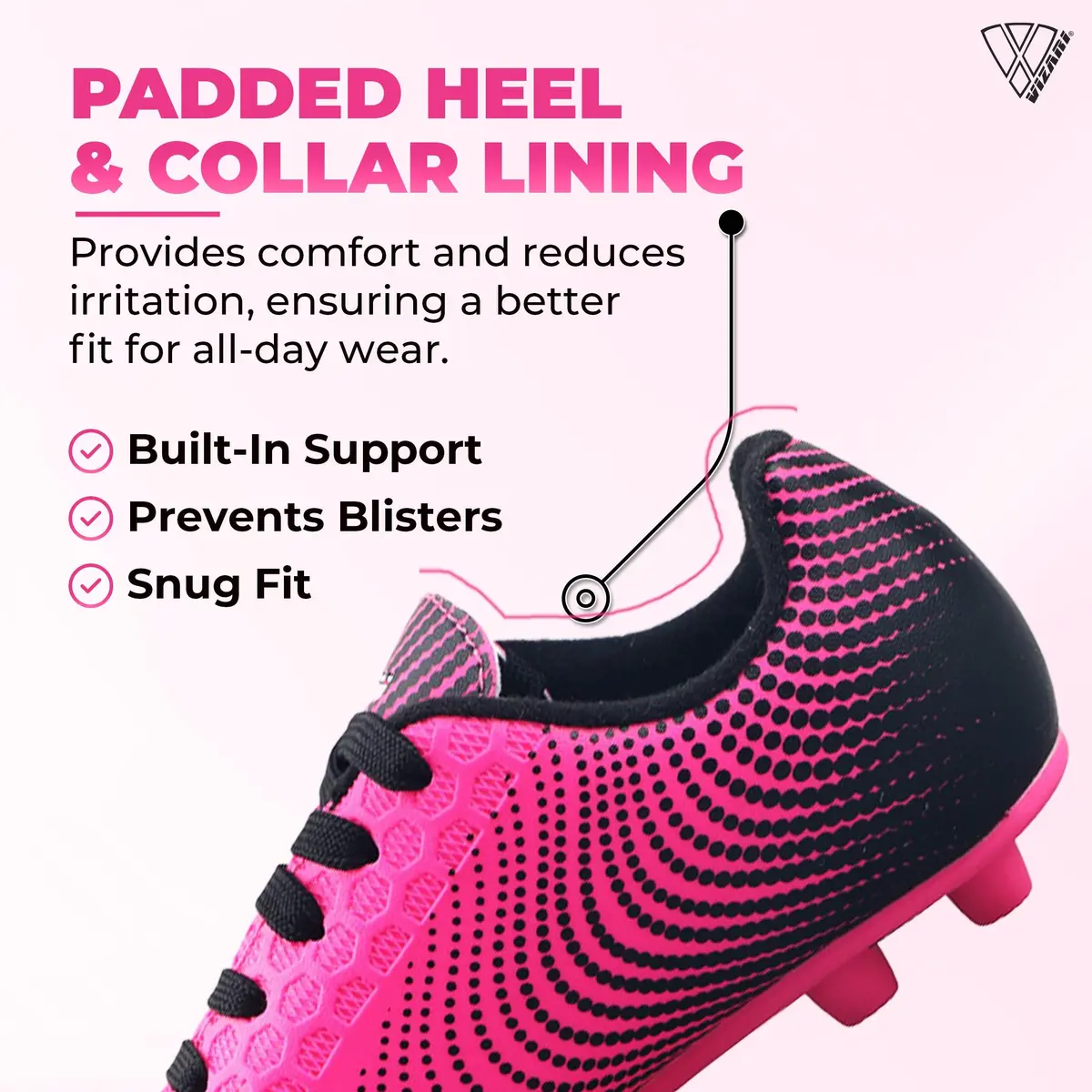 Vizari Stealth Boys Girls Soccer Cleats | Youth Firm Ground Athletic Shoes Pink/Black - view 3