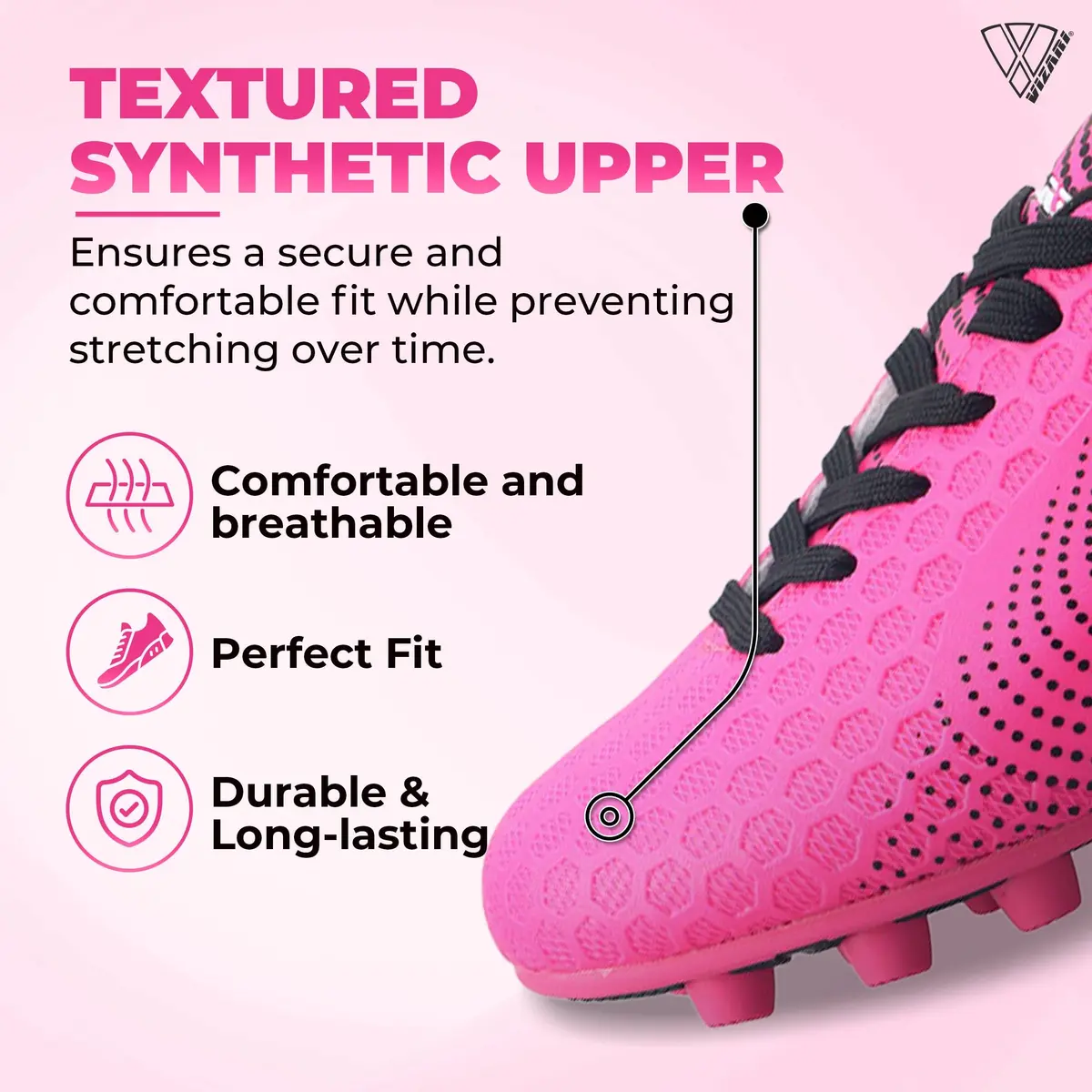 Vizari Stealth Boys Girls Soccer Cleats | Youth Firm Ground Athletic Shoes Pink/Black - view 4