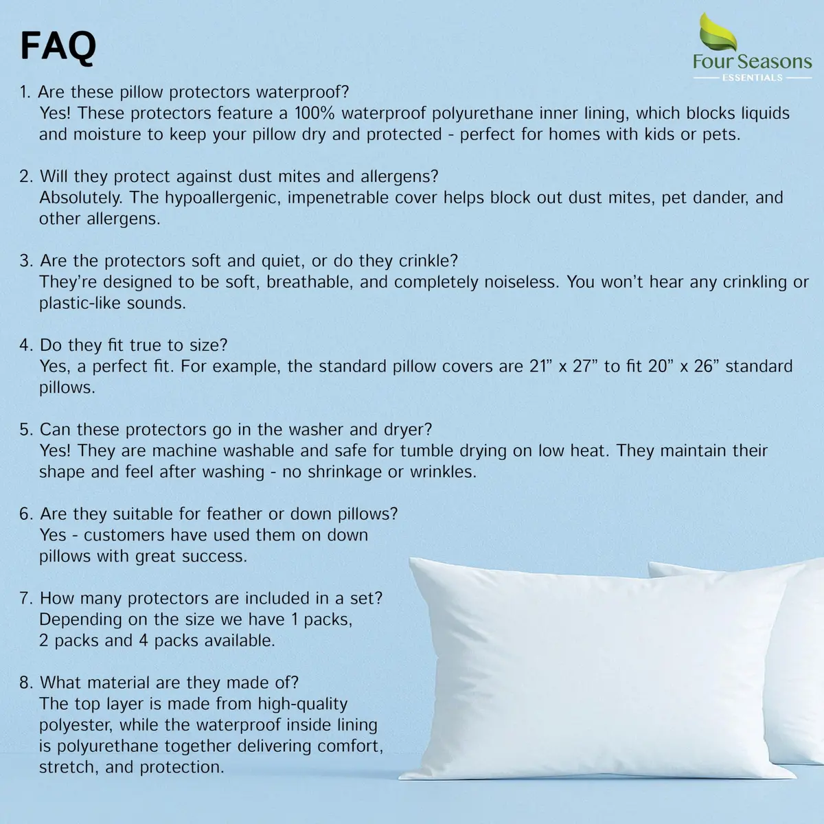 Four Seasons Essentials Standard Pillow Protectors (Set of 2) 53cm x 69cm | Hypoallergenic Waterproof Zippered Pillow Covers - view 9