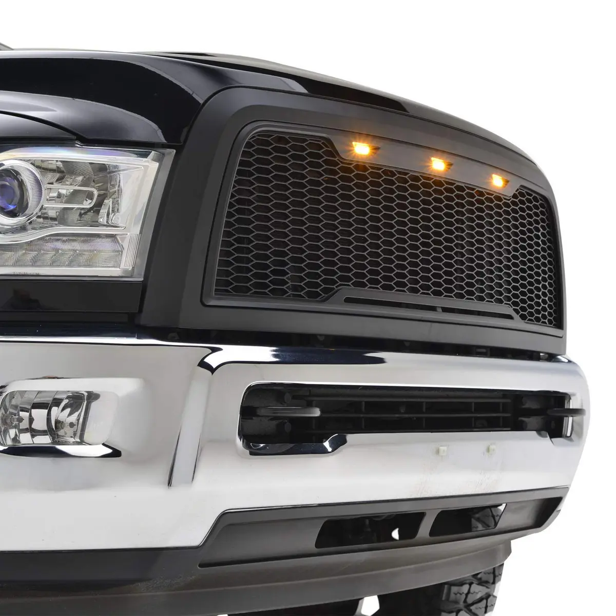 EAG Replacement ABS Upper Grille Front Hood Grill - Matte Black - with Amber LED Lights for 10-12 Ram 2500/3500 - main product image