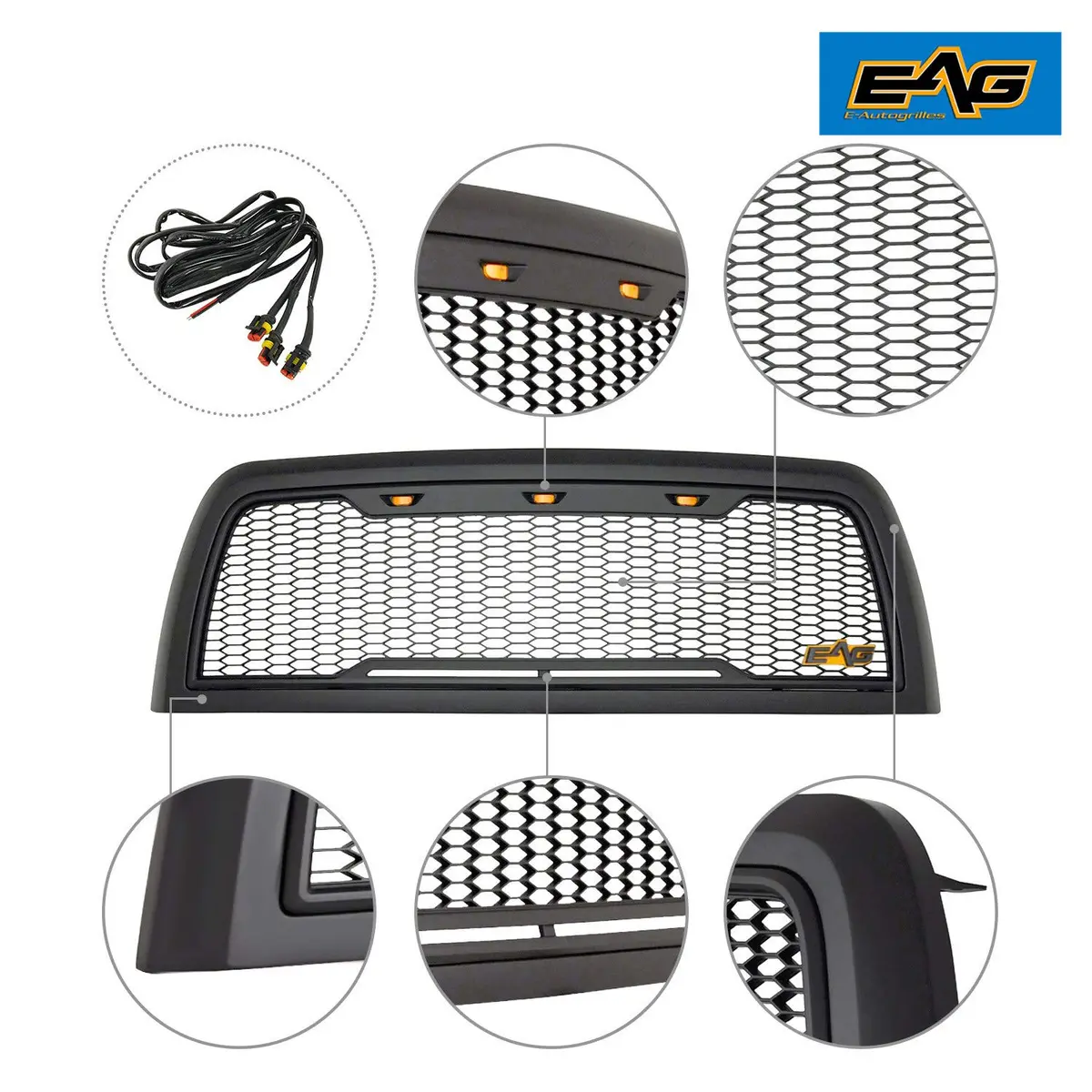 EAG Replacement ABS Upper Grille Front Hood Grill - Matte Black - with Amber LED Lights for 10-12 Ram 2500/3500 - view 3