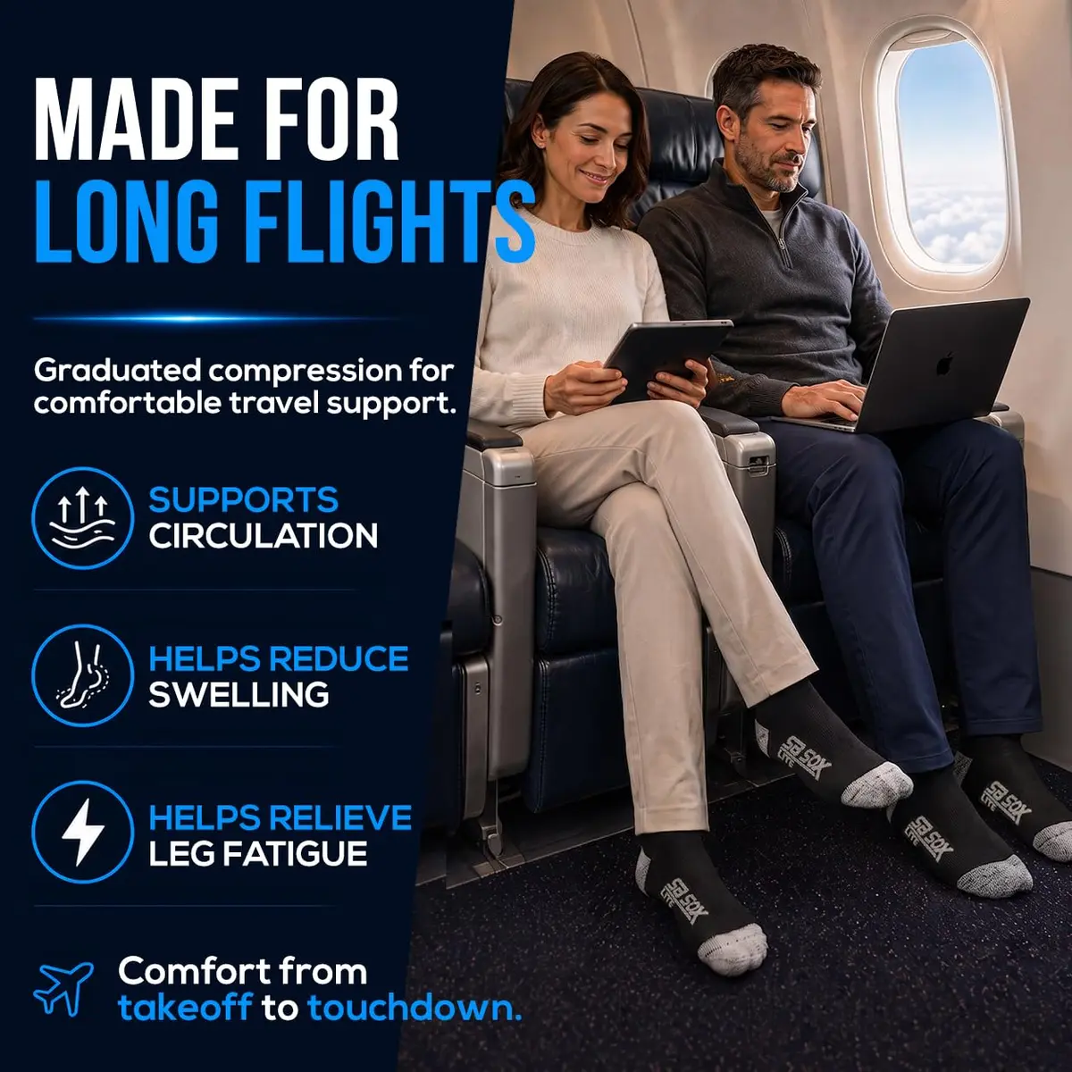 SB SOX Lite Compression Socks for Flying, 15-20mmHg (Black/Gray, L/XL) | Support for Long Flights & Travel - view 2
