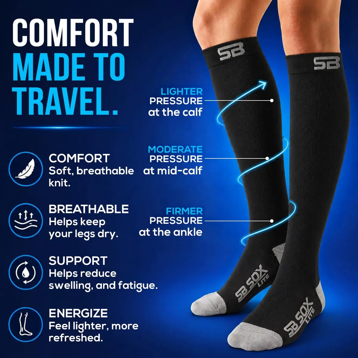 SB SOX Lite Compression Socks for Flying, 15-20mmHg (Black/Gray, L/XL) | Support for Long Flights & Travel - view 3