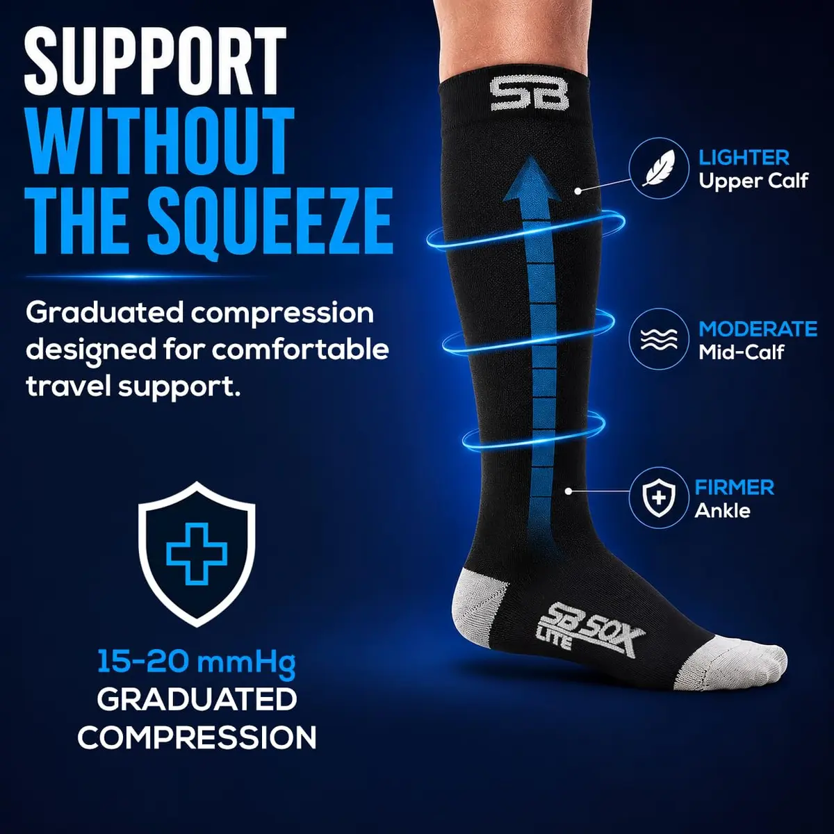 SB SOX Lite Compression Socks for Flying, 15-20mmHg (Black/Gray, L/XL) | Support for Long Flights & Travel - view 4