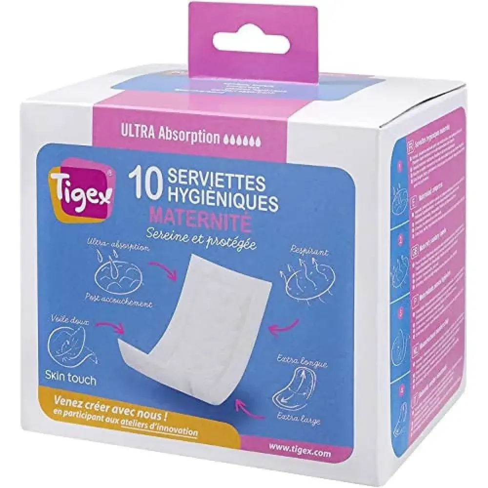 Tigex Maternity Postpartum Pads 10 Count | Ultra Absorbent Cotton Liners for Heavy Flow - main product image