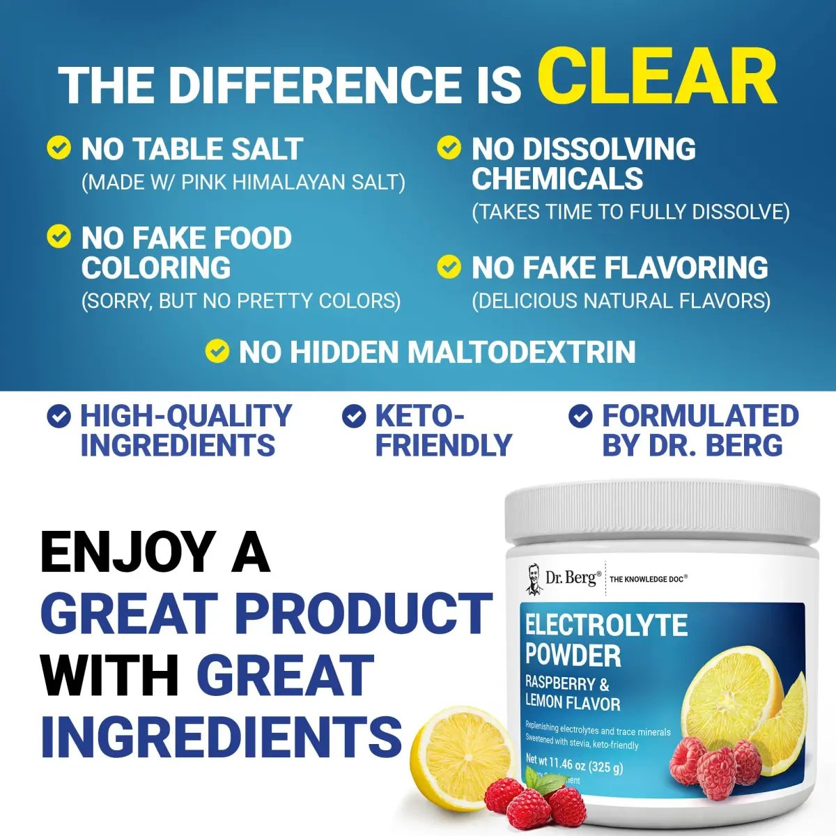 Dr. Berg Nutritionals Raspberry Lemon Keto Electrolyte Powder 330g (11.6 Oz) | 1000mg Potassium, Zero Sugar - view 5