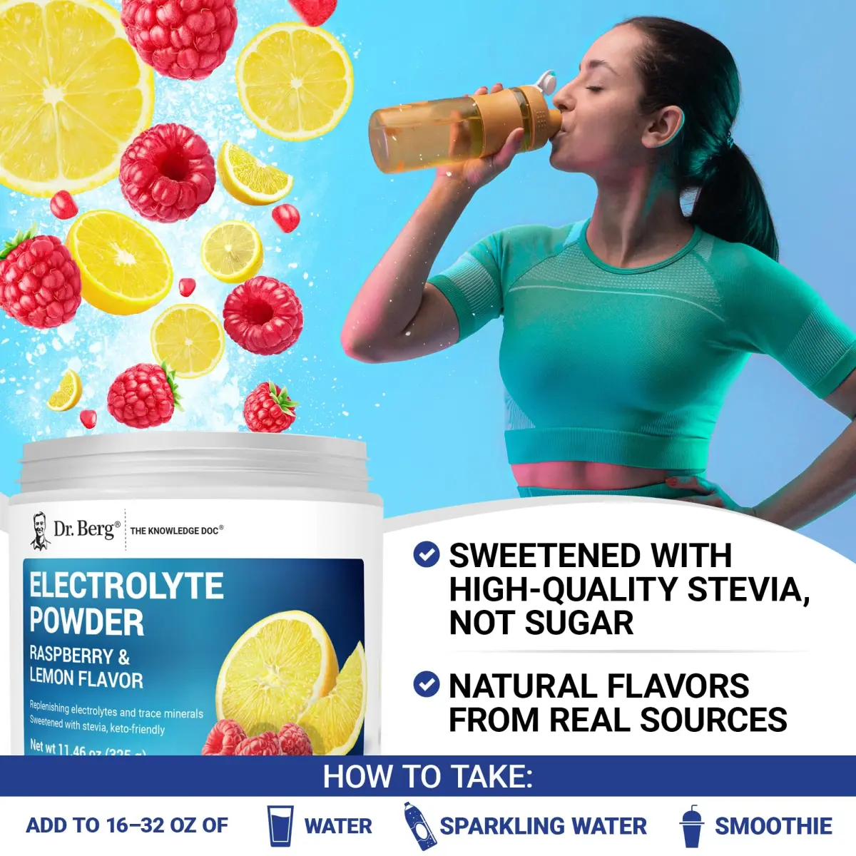 Dr. Berg Nutritionals Raspberry Lemon Keto Electrolyte Powder 330g (11.6 Oz) | 1000mg Potassium, Zero Sugar - view 6