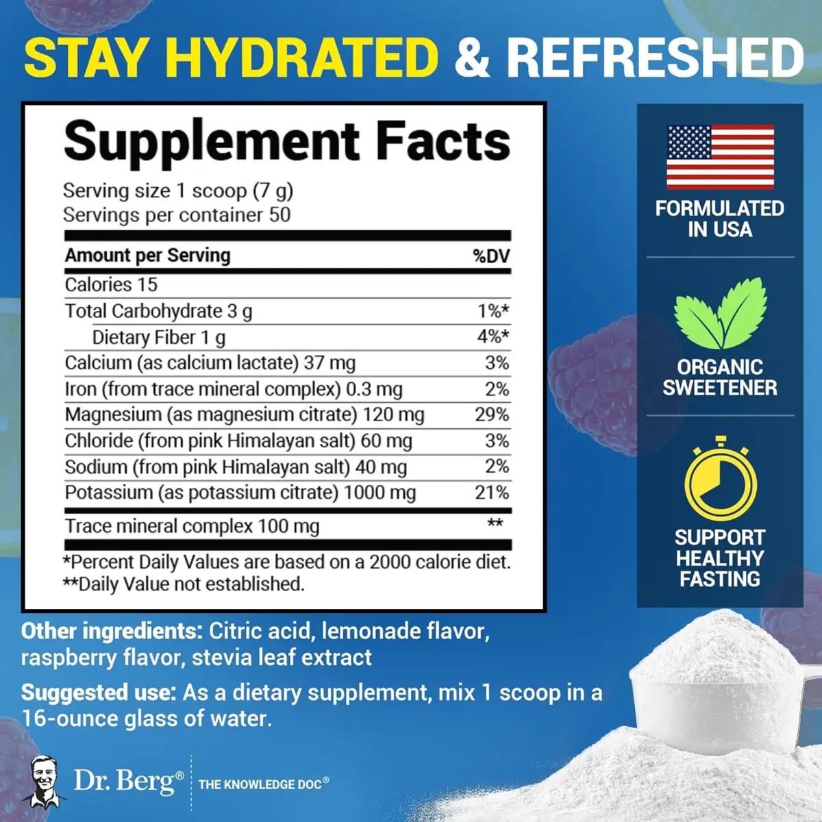 Dr. Berg Nutritionals Raspberry Lemon Keto Electrolyte Powder 330g (11.6 Oz) | 1000mg Potassium, Zero Sugar - view 3