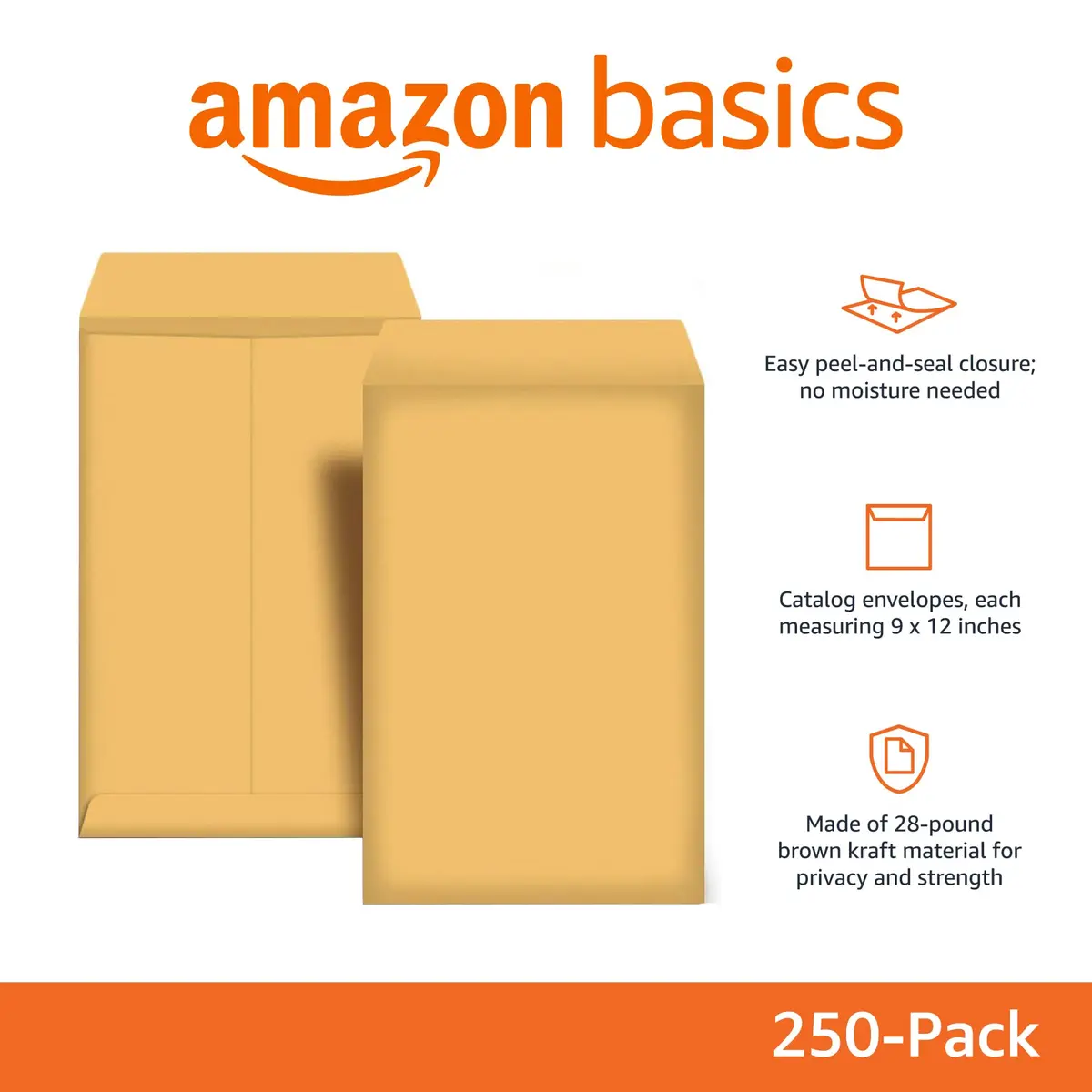 Amazon Basics Catalog Self Seal Mailing Envelopes 9" x 12" Brown Kraft 250-Pack | Peel & Seal Closure - view 2