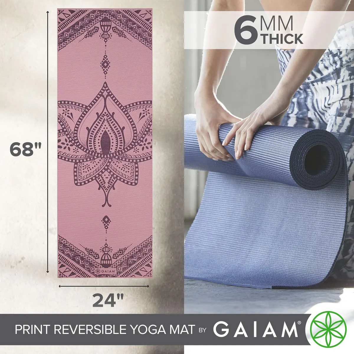 Gaiam Reversible Yoga Mat, 6mm Thick Print Mat (Inner Peace) | Non-Slip, Cushioned, Reversible - view 4