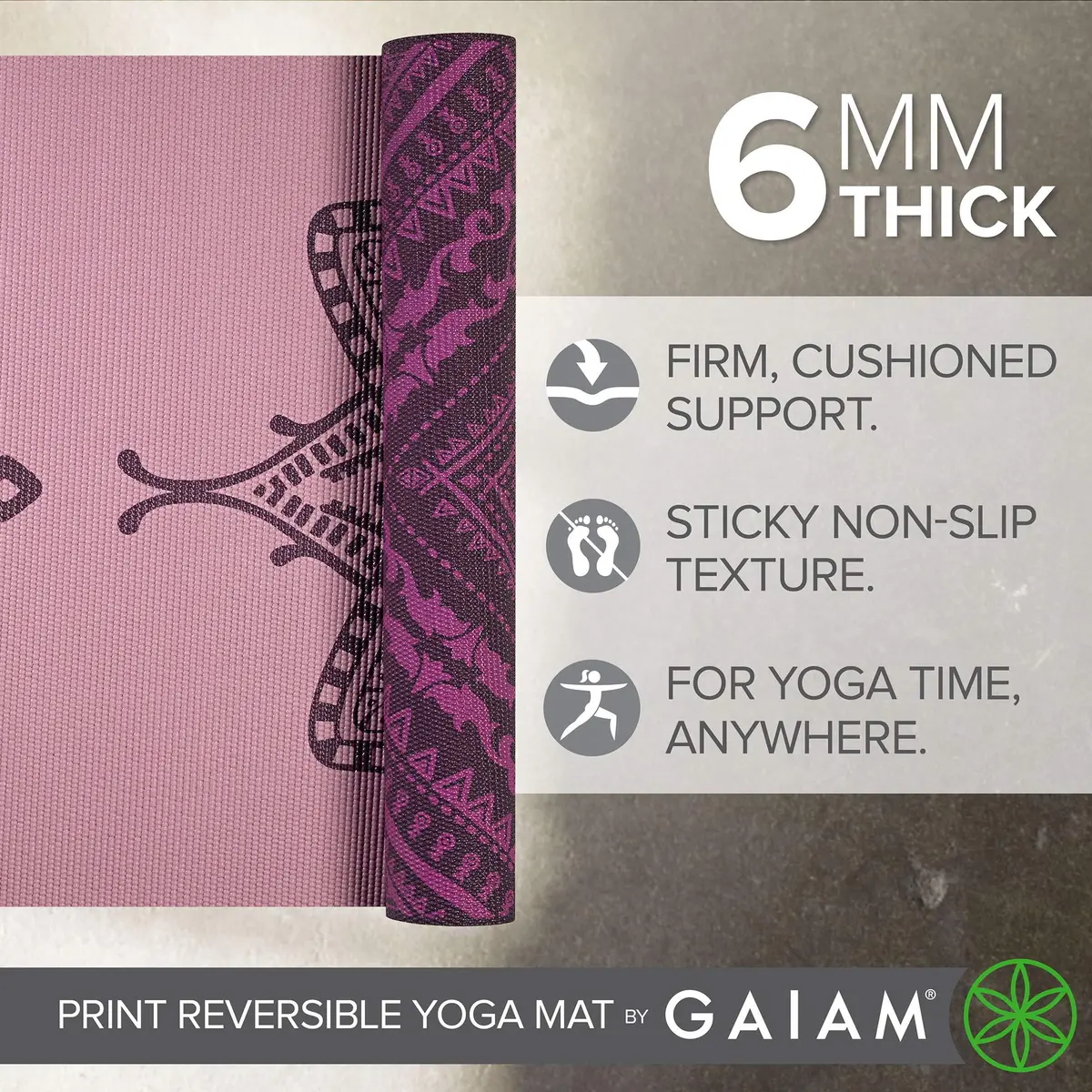 Gaiam Reversible Yoga Mat, 6mm Thick Print Mat (Inner Peace) | Non-Slip, Cushioned, Reversible - view 3