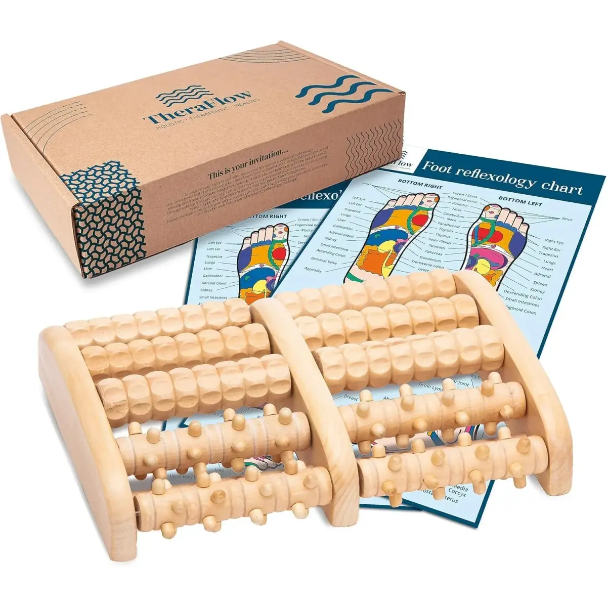 TheraFlow Wooden Foot Massager Roller with Reflexology Nubs | Deep Tissue & Plantar Fasciitis Relief - main product image