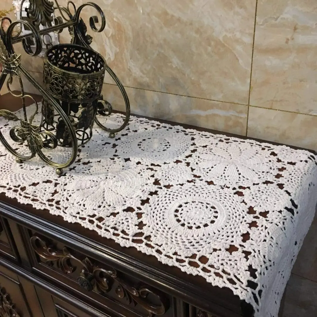 USTIDE 2pc Rustic Floral Table Runner Hand Crochet 15" x 31" | Elegant Cotton Doilies - view 4