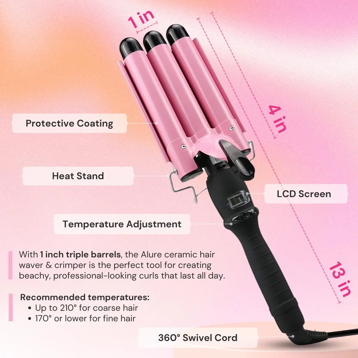 Alure Three Barrel Curling Iron Wand Hair Waver 1 Inch Ceramic Tourmaline Dual Voltage - view 5
