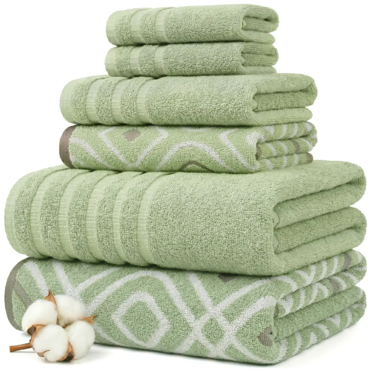 Modern Threads 6 Piece Cotton Bath Towel Set – Reversible Diamond Pattern, 550 GSM, Sage Green - main product image