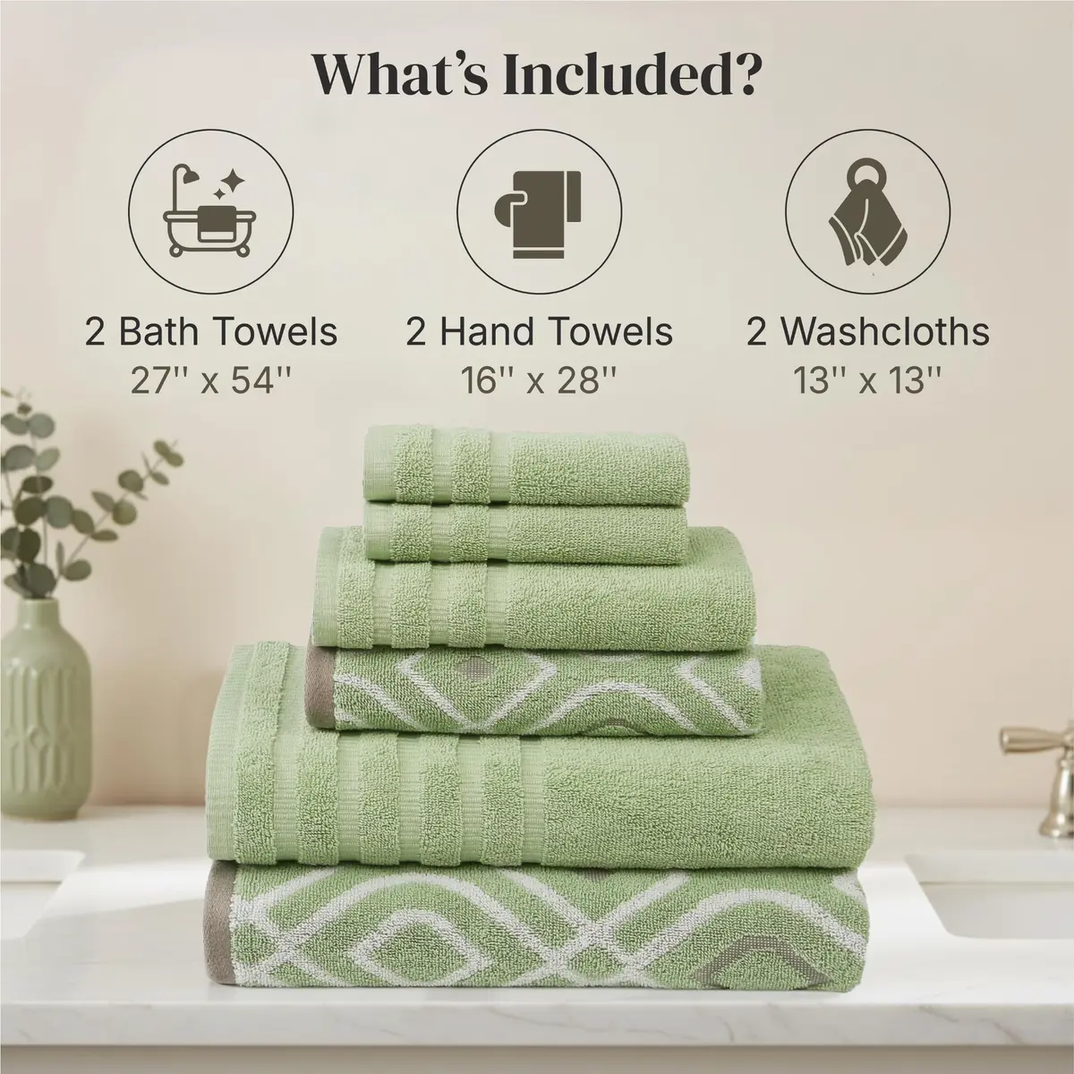 Modern Threads 6 Piece Cotton Bath Towel Set – Reversible Diamond Pattern, 550 GSM, Sage Green - view 3