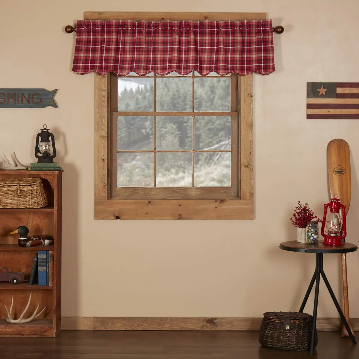 VHC Brands Rustic Red Plaid Braxton Scalloped Curtain for Kitchen & Dining Room Valance 16x60 | Americana Rustic Style - main product image