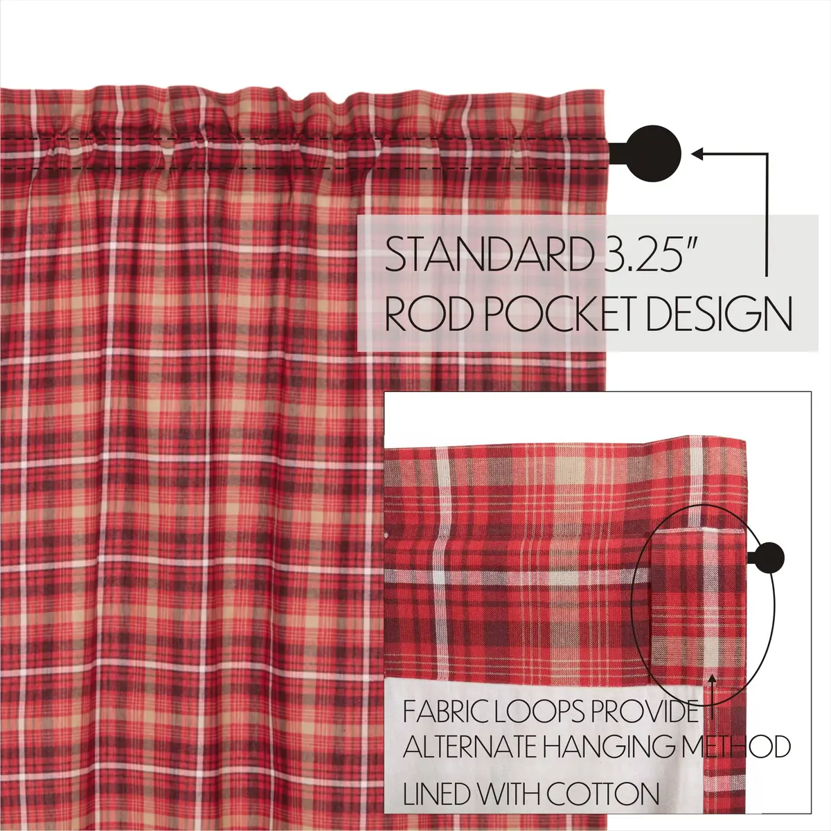 VHC Brands Rustic Red Plaid Braxton Scalloped Curtain for Kitchen & Dining Room Valance 16x60 | Americana Rustic Style - view 5