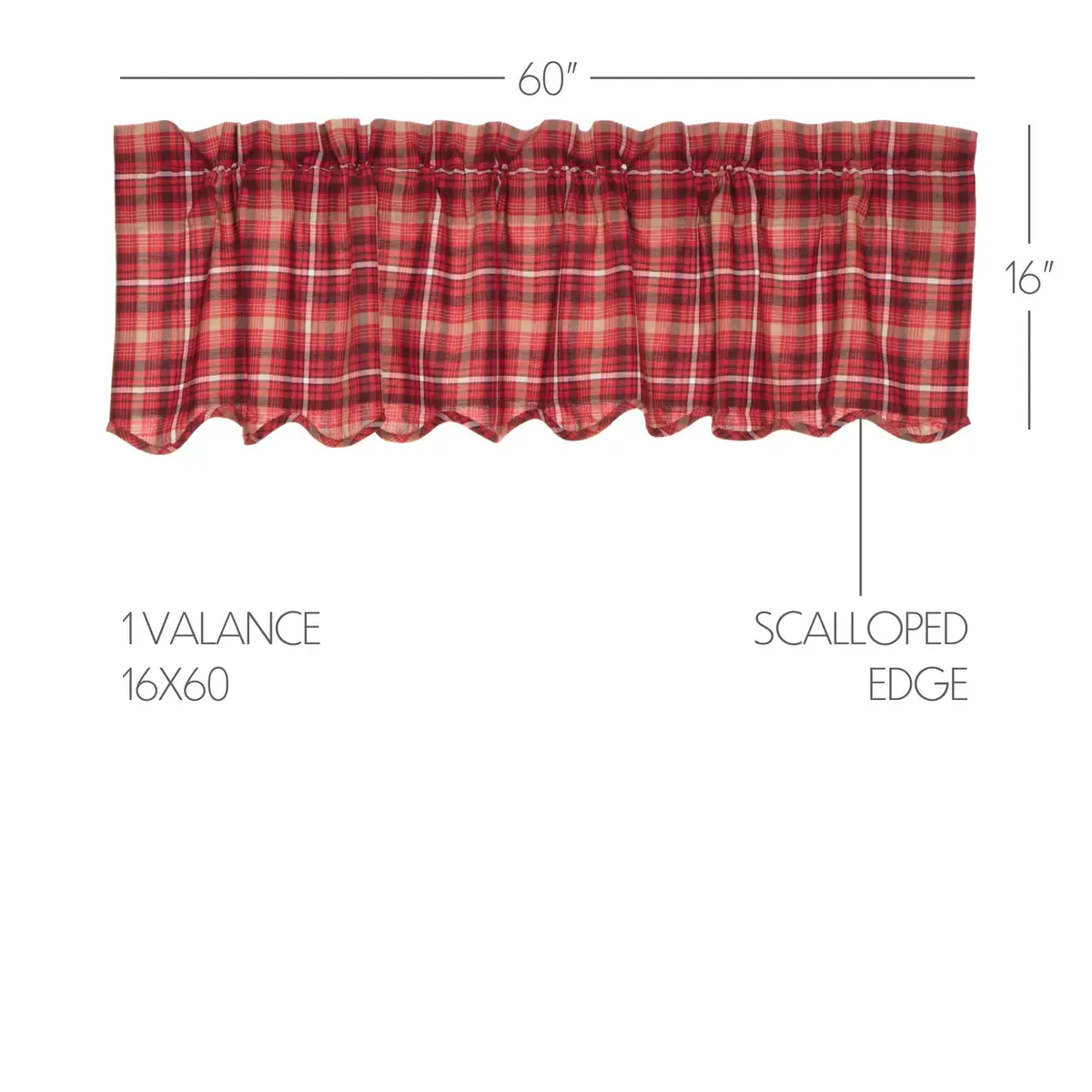 VHC Brands Rustic Red Plaid Braxton Scalloped Curtain for Kitchen & Dining Room Valance 16x60 | Americana Rustic Style - view 2