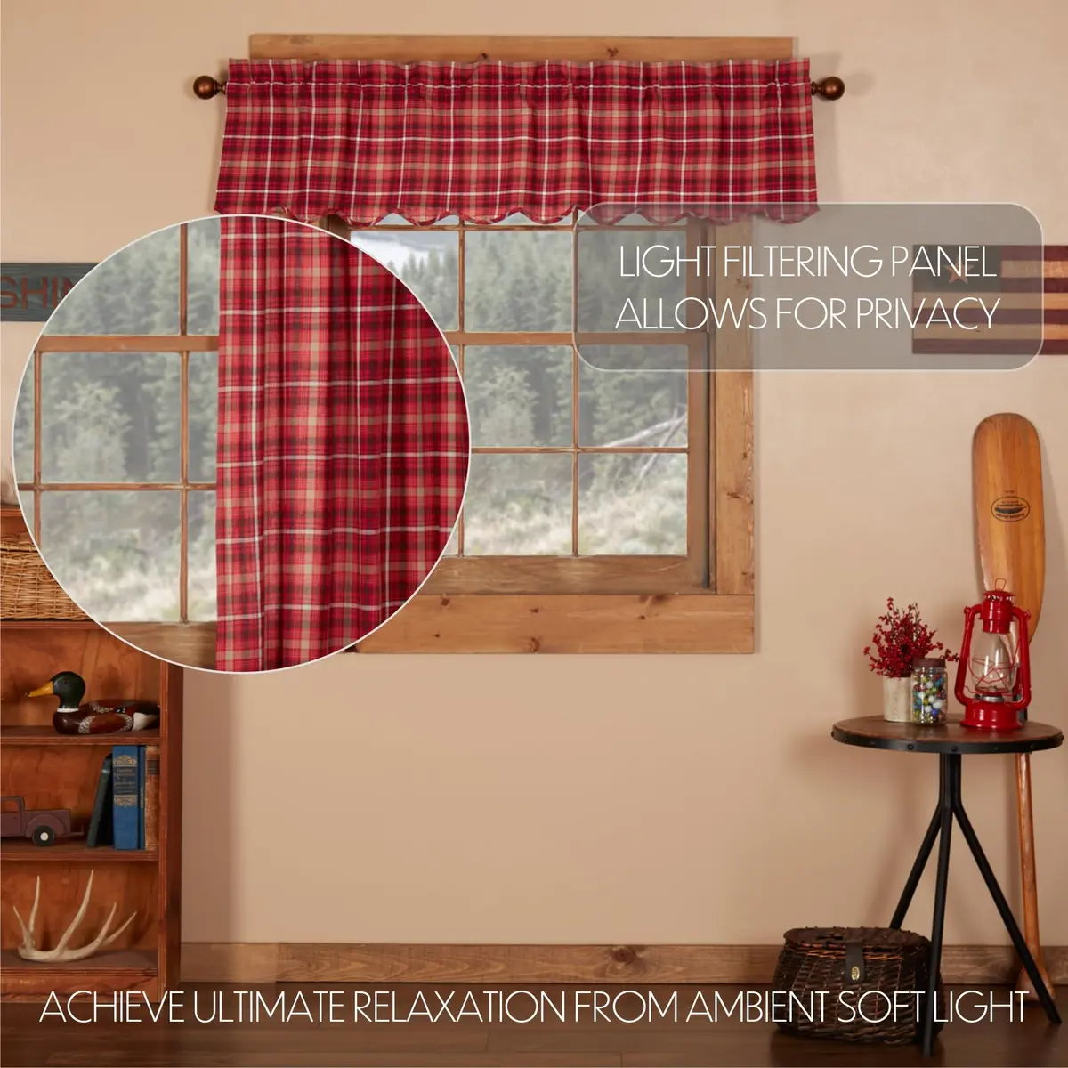 VHC Brands Rustic Red Plaid Braxton Scalloped Curtain for Kitchen & Dining Room Valance 16x60 | Americana Rustic Style - view 3