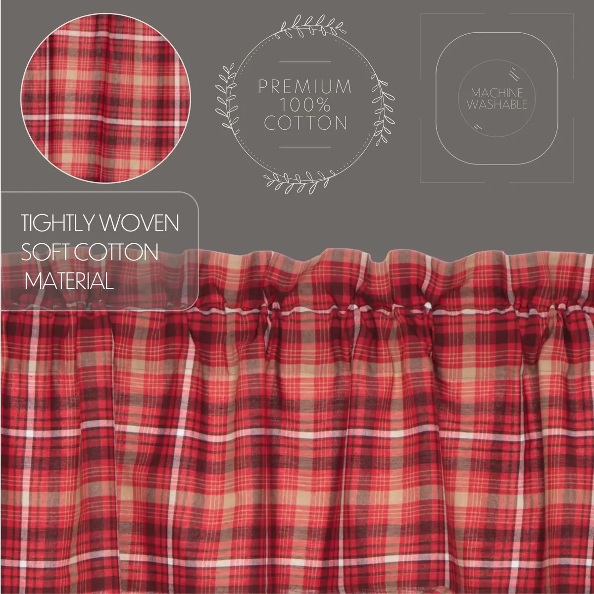 VHC Brands Rustic Red Plaid Braxton Scalloped Curtain for Kitchen & Dining Room Valance 16x60 | Americana Rustic Style - view 4