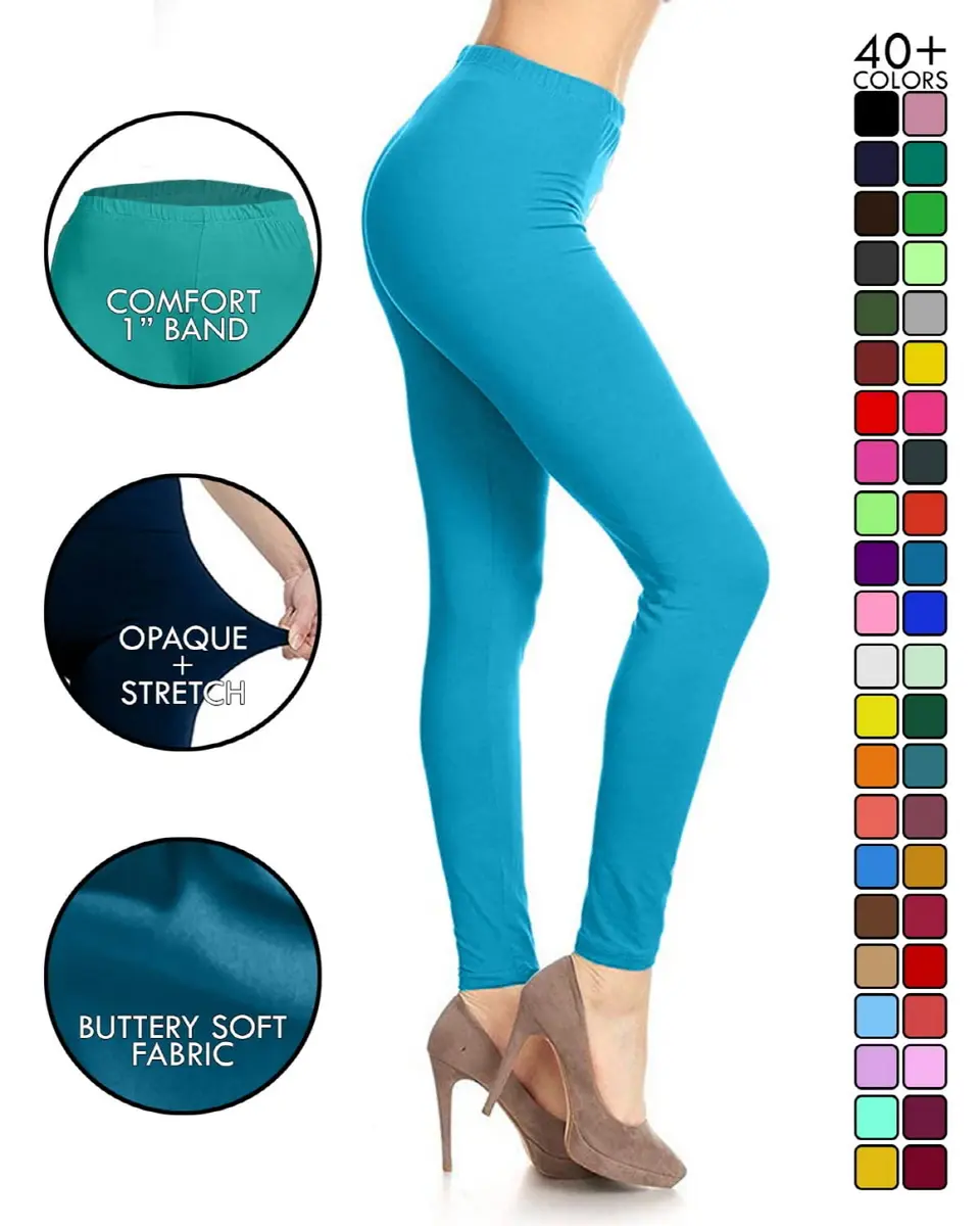 Leggings Depot Womens 1" Waistband High Waisted Solid Leggings Pants (Full Length, Turquoise, One Size Plus) | Soft, Stretchy, Comfortable - view 3