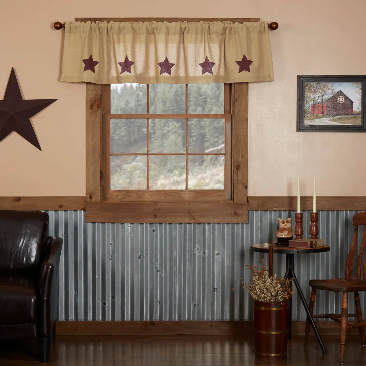 VHC Brands Burlap Natural with Burgundy Stars Primitive 16"x72" Valance Tan Cotton Window Curtains - main product image
