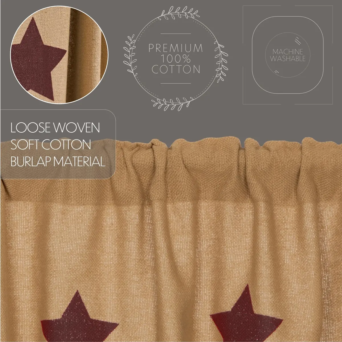 VHC Brands Burlap Natural with Burgundy Stars Primitive 16"x72" Valance Tan Cotton Window Curtains - view 5