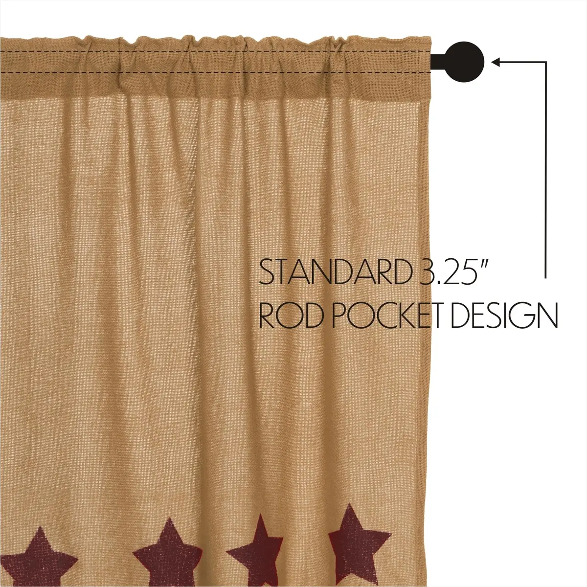 VHC Brands Burlap Natural with Burgundy Stars Primitive 16"x72" Valance Tan Cotton Window Curtains - view 6