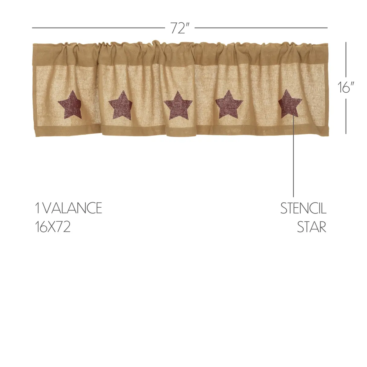 VHC Brands Burlap Natural with Burgundy Stars Primitive 16"x72" Valance Tan Cotton Window Curtains - view 2