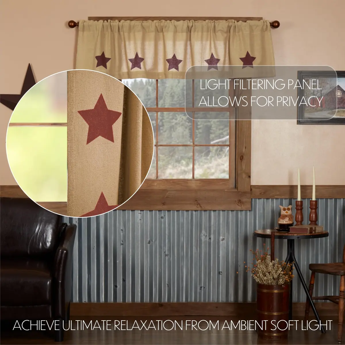VHC Brands Burlap Natural with Burgundy Stars Primitive 16"x72" Valance Tan Cotton Window Curtains - view 3