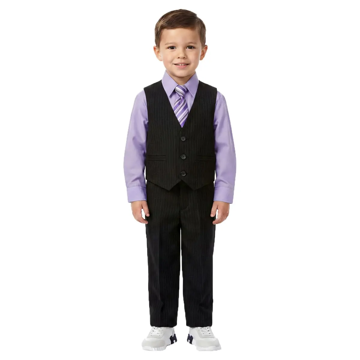 Johnnie Lene JL40 Pinstripe Boys Formal Dresswear Vest Set (14, Black/Lilac) | Complete 5-Piece Suit for Special Occasions - main product image