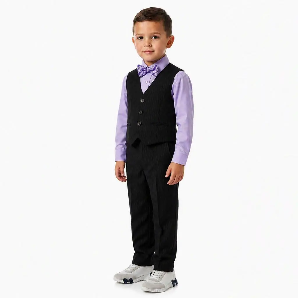 Johnnie Lene JL40 Pinstripe Boys Formal Dresswear Vest Set (14, Black/Lilac) | Complete 5-Piece Suit for Special Occasions - view 2