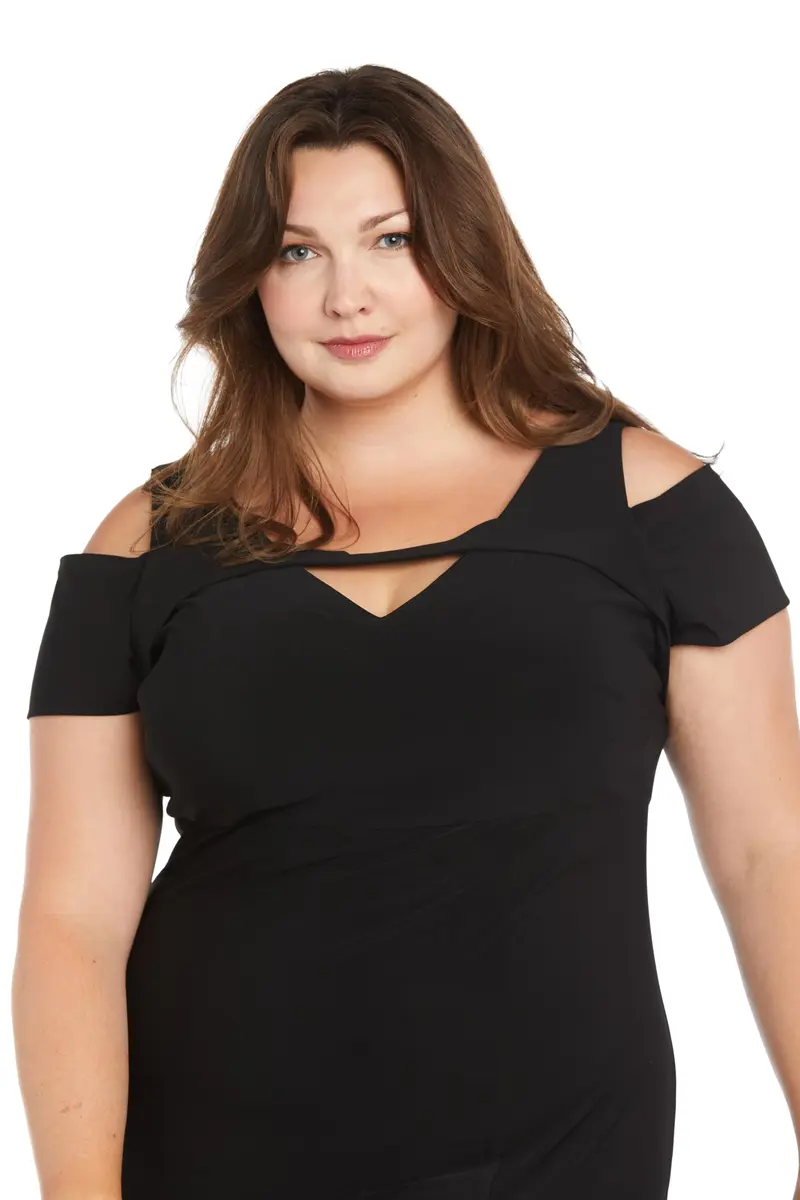 Nightway Women's Elegant Cold Shoulder Maxi Dress | Front Slit Evening Gown in Black - view 2
