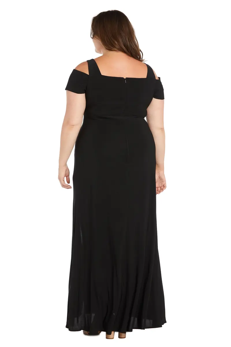 Nightway Women's Elegant Cold Shoulder Maxi Dress | Front Slit Evening Gown in Black - view 3
