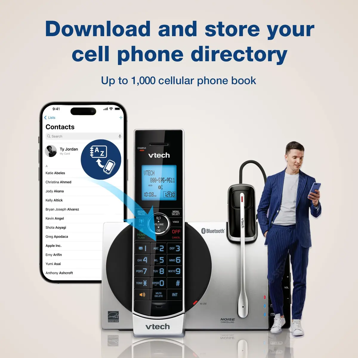 VTech DS6771-3 Connect to Cell Cordless Phone System with Answering Machine & Bluetooth Headset | 2 Handsets + 1 Headset - view 2