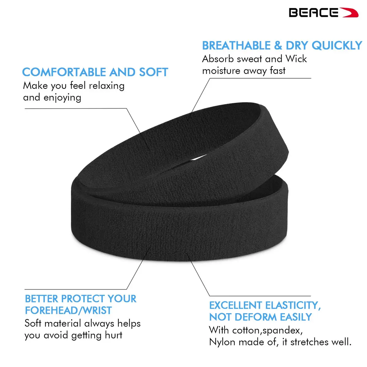 BEACE Sweatbands Sports Headband for Men & Women | Moisture Wicking Cotton Terry Cloth Headband (6PCS) - view 2