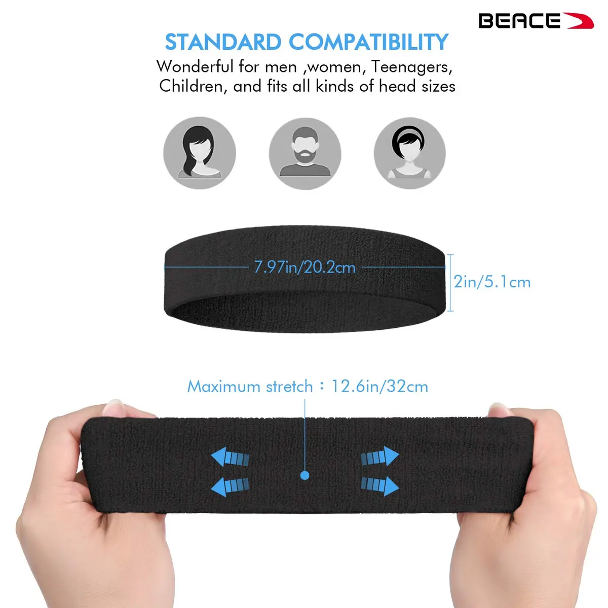 BEACE Sweatbands Sports Headband for Men & Women | Moisture Wicking Cotton Terry Cloth Headband (6PCS) - view 3