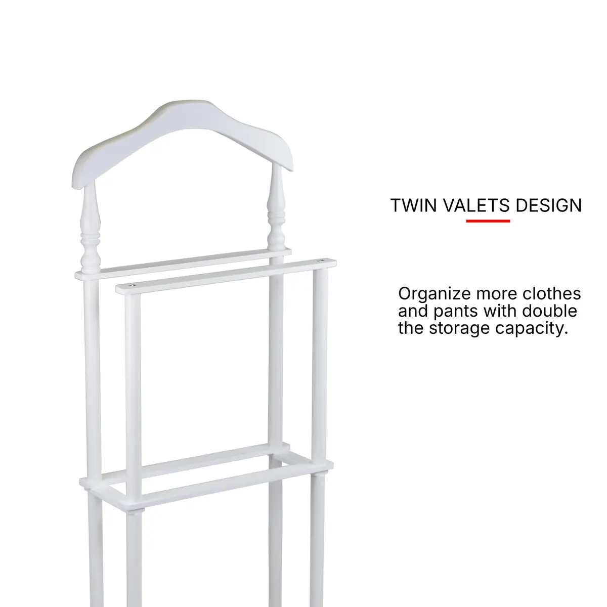 Proman Products Sakura Twin Valet with Wooden Hanger, Trouser Bar & Tie Bar, White | Stylish & Sturdy Clothes Organizer - view 6